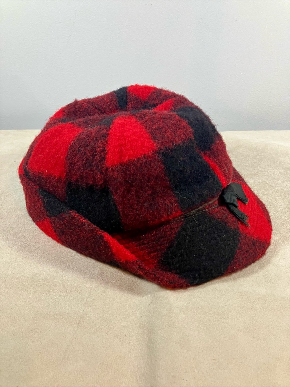 VTG Woolrich Trapper Bucket Cap Hunters Hat Buffalo Plaid Black Red Wool 7 1/8